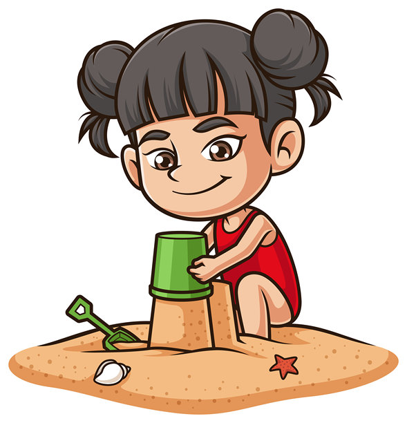 亚洲女孩建沙堡卡通插画图片下载