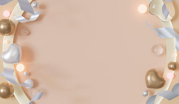 情人节banner、玻璃球心形背景、情人节海报、粉彩色、文本预留位、促销banner或贺卡、标题、情人节卡片、封面、3D插画宣传单图片下载