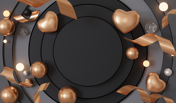 情人节banner、玻璃球心形背景、情人节海报、粉彩色、文本预留位、促销banner或贺卡、标题、情人节卡片、封面、3D插画宣传单图片下载