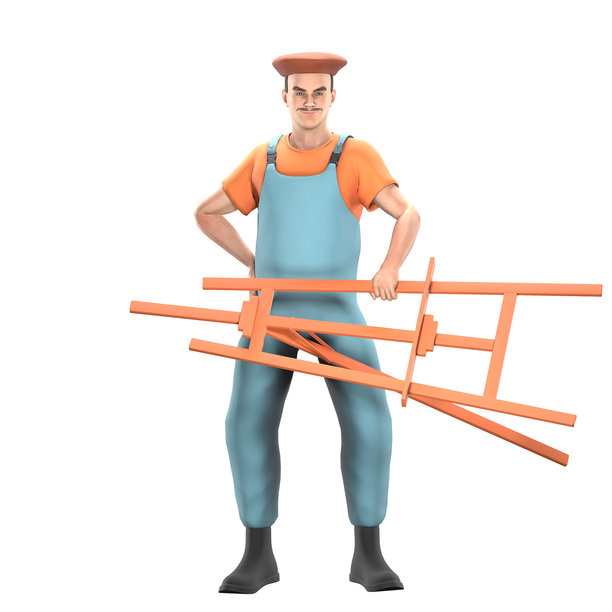 男卡通画家角色。一位男画家站在那里，双手拿着画架。3D艺术表达图片下载