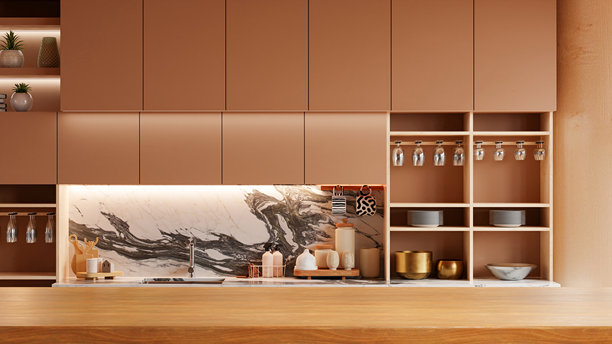 现代厨房房间和极简主义室内设计的模拟棕色墙壁- 3D渲染图片下载