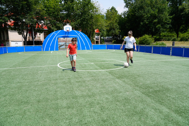 母亲和儿子在晴朗的天空下，在明亮的球场上享受着一场生动的足球比赛。图片下载