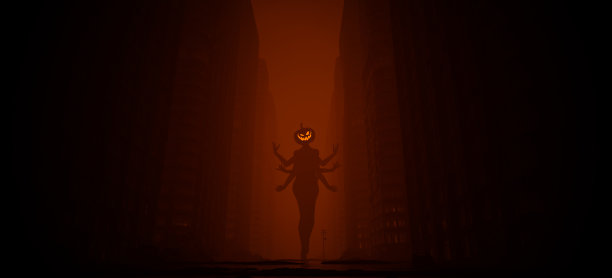 巨型南瓜头恶魔南瓜灯万圣节大决战天启废弃城市民间传说背景图片下载