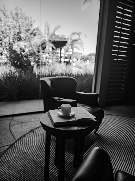 黑白照片，舒适的阅读角有扶手椅，咖啡桌上放着书和杯子，背景是花园图片下载