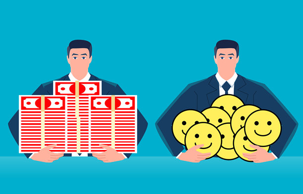 收获金钱收获幸福，金钱和幸福，一个商人拿着一堆钱另一个商人拿着一堆笑脸符号图片下载