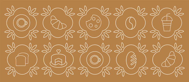 抽象咖啡现代线条几何图案。手绘插画面包店和咖啡店。图标。咖啡豆，咖啡，盘子，饼干和羊角面包。抽象几何线条背景。图片下载