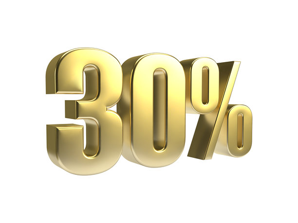 30%的3D金色文字隔离在白色背景上。30%的销售符号用于广告或营销。3D渲染。图片下载