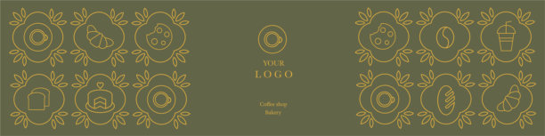 抽象咖啡现代线条几何图案。手绘插画面包店和咖啡店。图标。咖啡豆，咖啡，盘子，饼干和羊角面包。抽象几何线条背景。图片下载