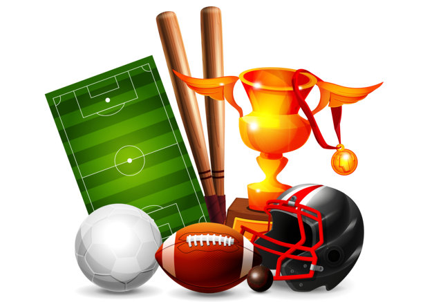 卡通风格的运动器材。足球，带有金牌的冠军杯，棒球棒，运动头盔和白色空背景上带有足球场的美式足球。创意运动矢量集。图片下载