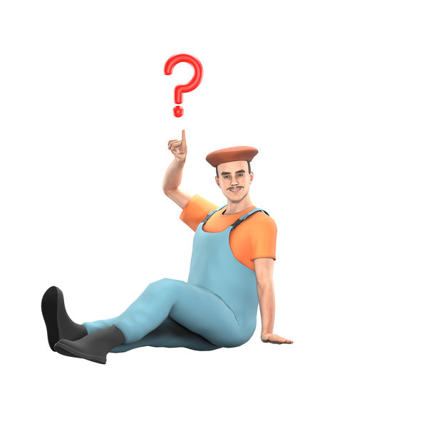 男画家职业性格。一位男画家伸直双腿坐着，右手指着头顶上的一个红色问号。3D美术模型图片下载