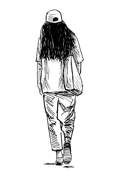 随意的年轻少女素描，黑色长发独自走在户外，后视图，矢量手绘插图孤立在白色图片下载