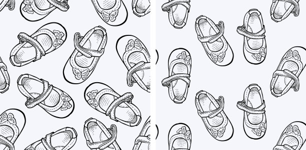 轮廓的无缝图案手绘优雅的鞋子小女孩，矢量背景，纸，壁纸图片下载