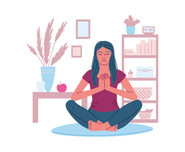 一个年轻女子在房间里以莲花的姿势冥想。图片下载