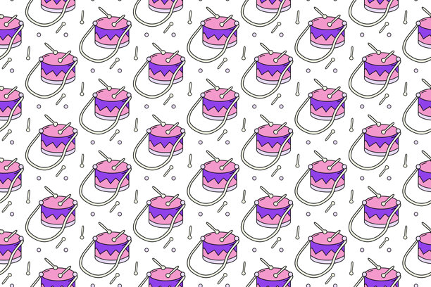 无缝图案与鼓和鼓棒在白色的背景。平面矢量插图。采购产品卡通音乐设备模板印刷，纺织，织物，包装纸。颜色背景图片下载