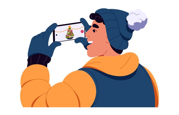 戴着冬帽的年轻人用智能手机拍下了圣诞树的户外后景。戴着羊毛手套的人用电话拍摄圣诞第一棵树。平面隔离矢量插图上的白色背景图片下载