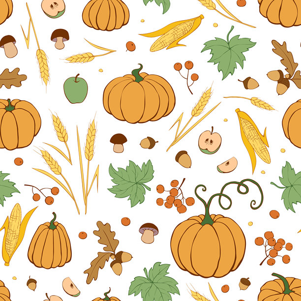 矢量无缝模式的秋收符号:南瓜，小麦穗，玉米棒，浆果，蘑菇在平面涂鸦风格。彩色背景，纹理。主题:快乐秋天，感恩，收获图片下载