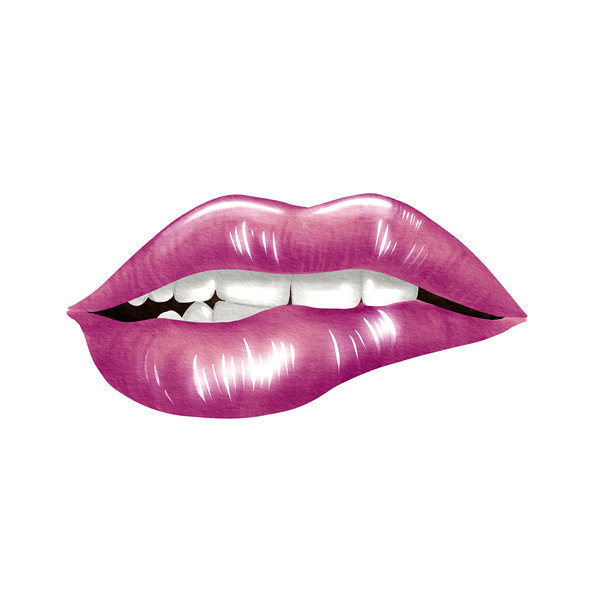 粉红色性感的女人嘴唇与唇彩时尚美咬下唇与牙齿在复古漫画书的风格。手绘水彩剪贴画作为80年代和90年代贴纸和印刷品的象征图片下载