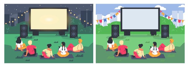 人们在草坪上休息，在大屏幕上看电影，平面矢量集，户外电影院在晚上，白天图片下载