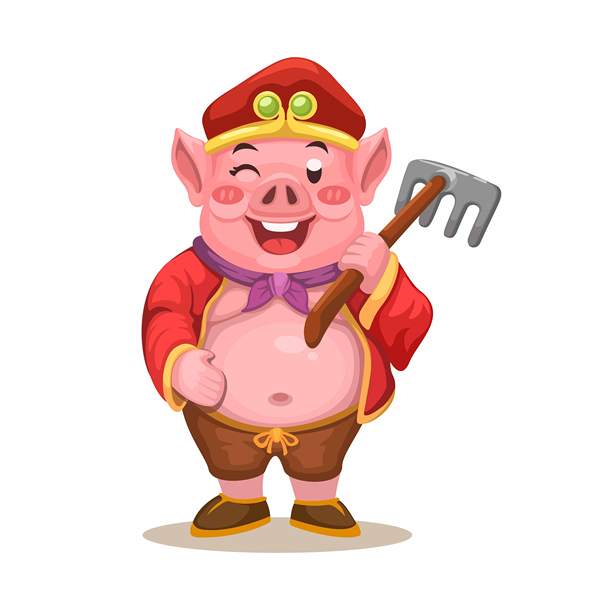 猪八戒或猪八戒中国神话人物卡通插图向量图片下载