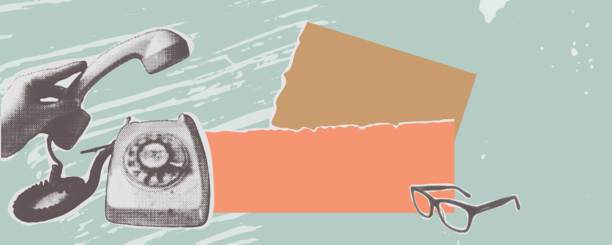 复古风格的拼贴画以复古的旋转电话、眼镜和撕破的纸纹理为特色，营造出一种怀旧的世纪中期氛围。柔和柔和的调色板唤起了一种极简主义的艺术审美。图片下载