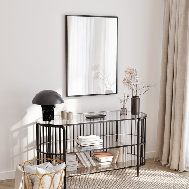 框架模型，ISO A纸张大小。客厅墙壁海报模型。带有房屋背景的室内模型。现代室内设计。3D渲染。图片下载