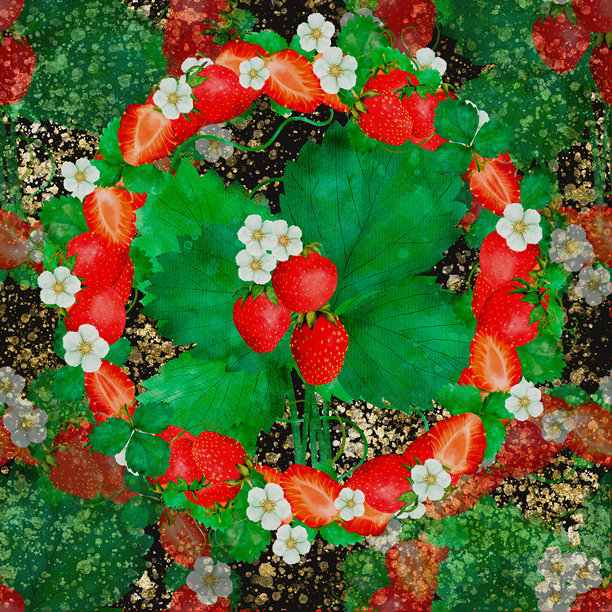 充满活力的草莓花无缝图案，周围环绕着郁郁葱葱的绿叶图片下载
