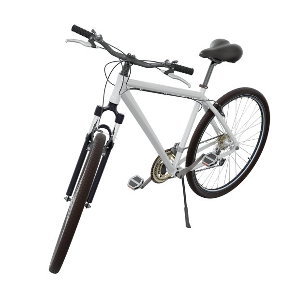 白色自行车站在支架上，顶视图隔离在白色背景上，3D插图图片下载