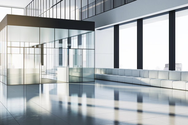 现代办公室内部，玻璃墙，大窗户，简约设计。三维渲染图片下载