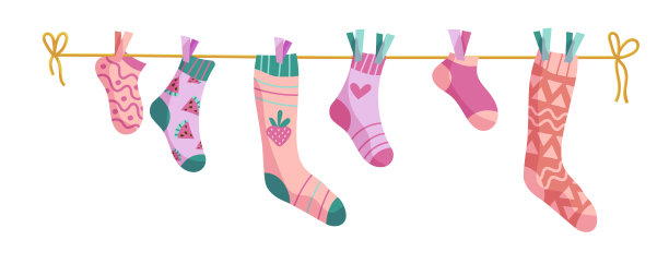 晾衣绳袜子。袜子上的绳子，与图案矢量卡通婴儿袜子。图片下载