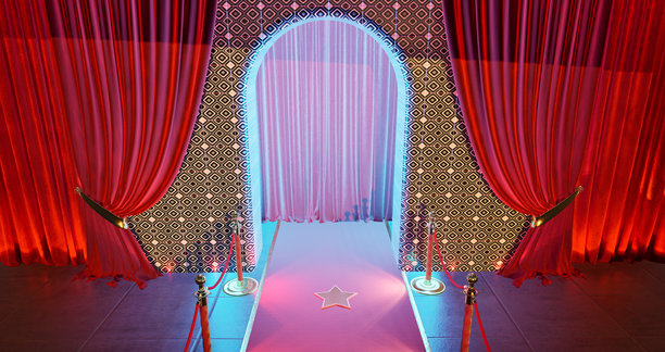 贵宾拱门的3D渲染，有红地毯和金色护栏图片下载