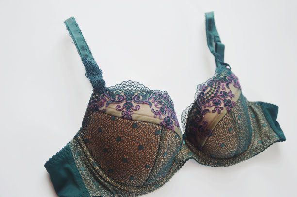 内衣。白色背景上的蕾丝绿色胸罩。现代时尚女性内衣。图片下载