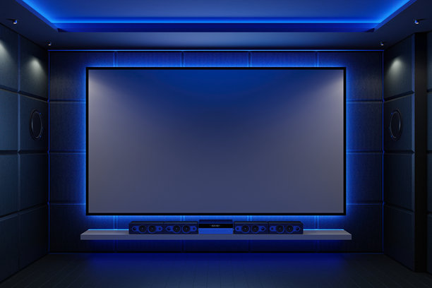 奢华家庭影院，配有蓝色氛围灯光和隔音设计图片下载