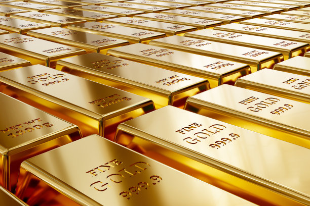 一组3D精细金条。金条与金融概念，3D渲染。国家储备的贵金属。金色背景。1千克的金条。金属铅锭。用于投资的金条。图片下载