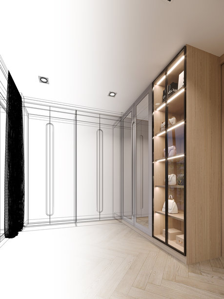 现代步入式衣帽间衣柜与悬挂的衣服室内设计，3D渲染线框图片下载