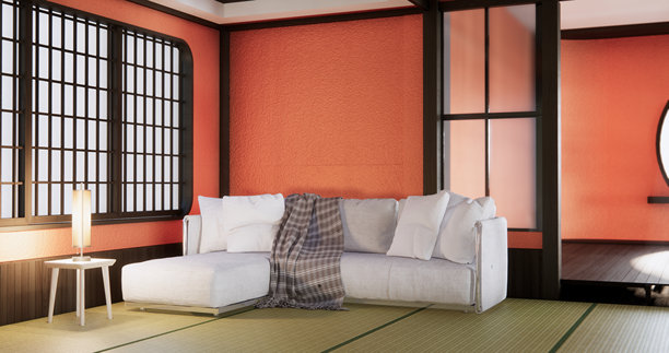 郁郁葱葱的熔岩空荡荡的客厅，带有装饰。3D渲染图片下载