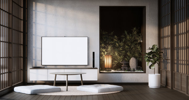 空荡荡的客厅中木质日本设计的橱柜模型 .3D 渲染图片下载