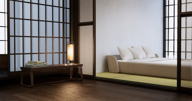 现代卧室设计，房间装饰采用现代日本风格。3D渲染图片下载