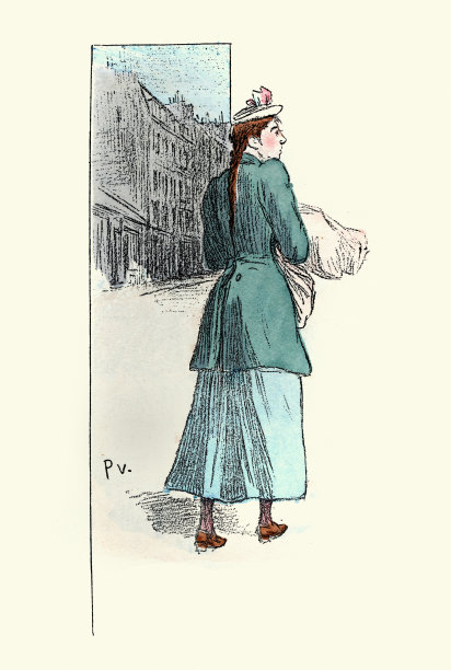 时尚历史，维多利亚时代的女性穿着外套、裙子，戴着小帽子，长发编成单辫，法国，复古插图，《巴黎女性 – 我们的当代人》，奥克塔夫·于赞，玛丽·路易·皮埃尔·维达尔，1890年代图片下载