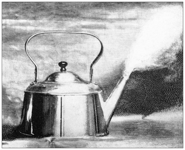 古董图像：科学实验，查尔斯·E·特里普勒的空气液化，装满冰块的沸腾茶壶图片下载