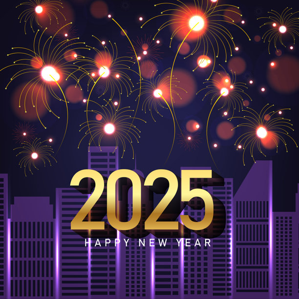 2025年新年快乐背景，夜空中城市建筑的烟花图片下载