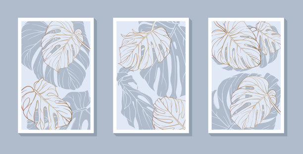 一组以单叶植物为主题的海报，采用极简风格，背景为柔和的蓝色，配有细致的金色轮廓。图片下载
