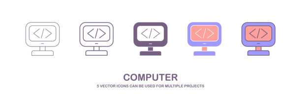 计算机图标集。五个计算机显示器图标排成一行。计算机显示器图标矢量图，一组具有五种不同风格的图标。图片下载