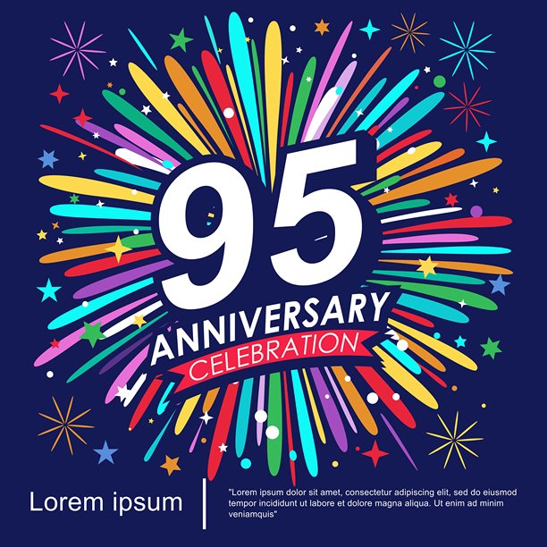 95周年庆典徽章。周年纪念标志，背景为红色丝带和五彩缤纷的烟花。适用于网页、传单、海报、贺卡和邀请卡的矢量插图模板设计。图片下载