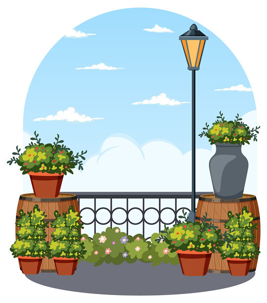 美丽的阳台，种满植物和路灯图片下载