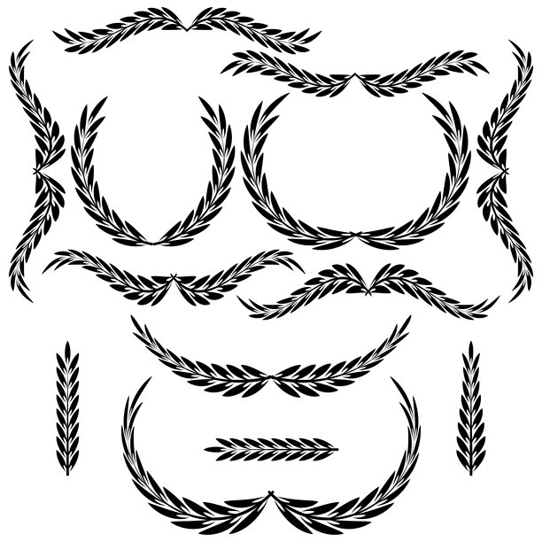 月桂树花环套装。黑色橄榄枝图标。奖项和胜利符号。优雅的矢量设计元素。图片下载