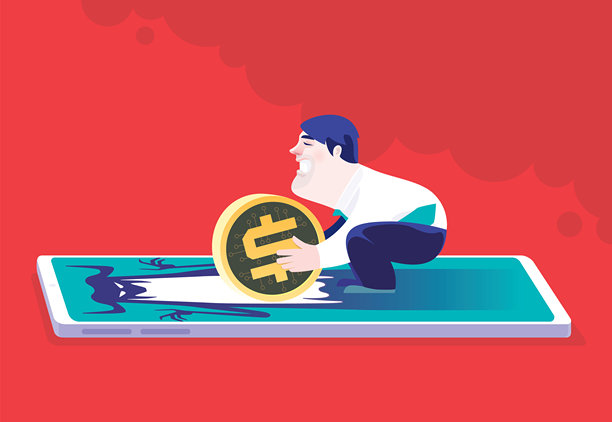 商人试图在手机上捡起美元硬币，手机屏幕上显示着恶魔图案。图片下载