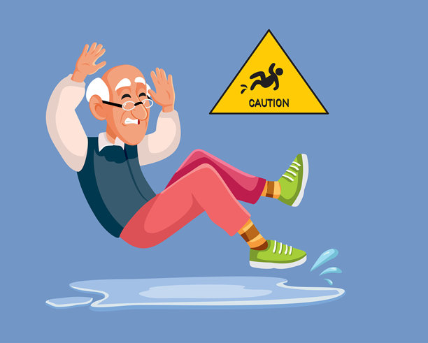 老年人无视小心湿滑地面标志的矢量卡通图片下载