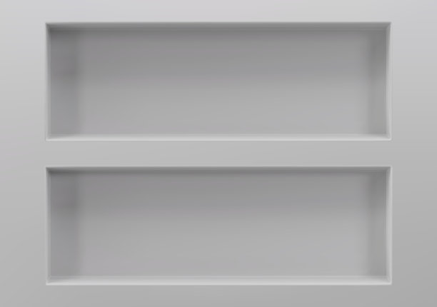 白色墙壁上的空置壁龛或架子3D模型。商店、画廊的塑料或木质展示架，用于展示产品。空白的零售存储空间。室内设计家具。客厅书架。图片下载