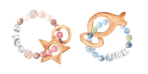 婴儿牙胶环套装。水彩插图，环保玩具由木珠和字母组成，适合男孩和女孩。手绘插图，采用柔和色调的咀嚼环保玩具。非常适合新生儿的婴儿洗礼邀请、婴儿房装饰或婴儿产品广告。图片下载
