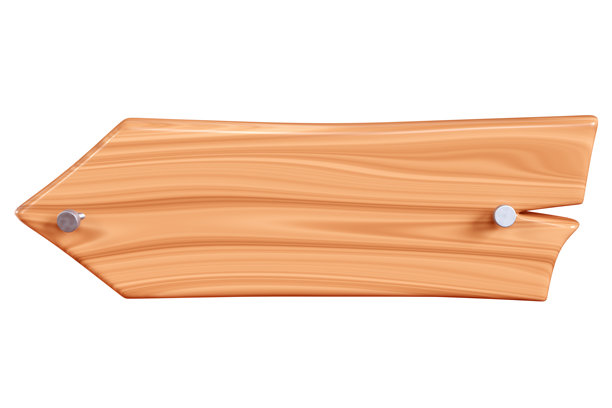 带有裂缝和钉子的木箭牌，用于文本框。卡通3D渲染的招牌，具有棕色木纹。图片下载